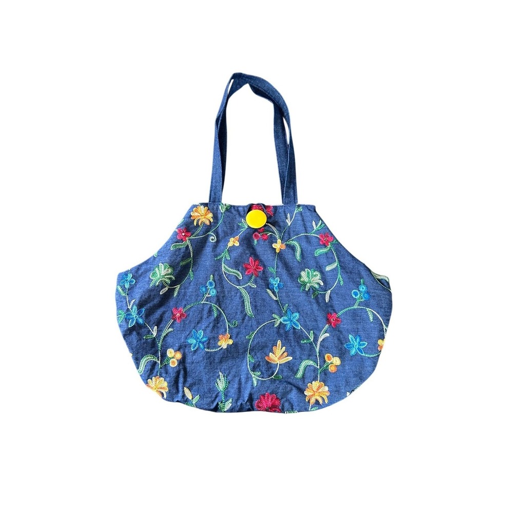 Blue Denim Floral Embroidered Boho‎ Tote Bag Yellow Button Closure Large Purse
